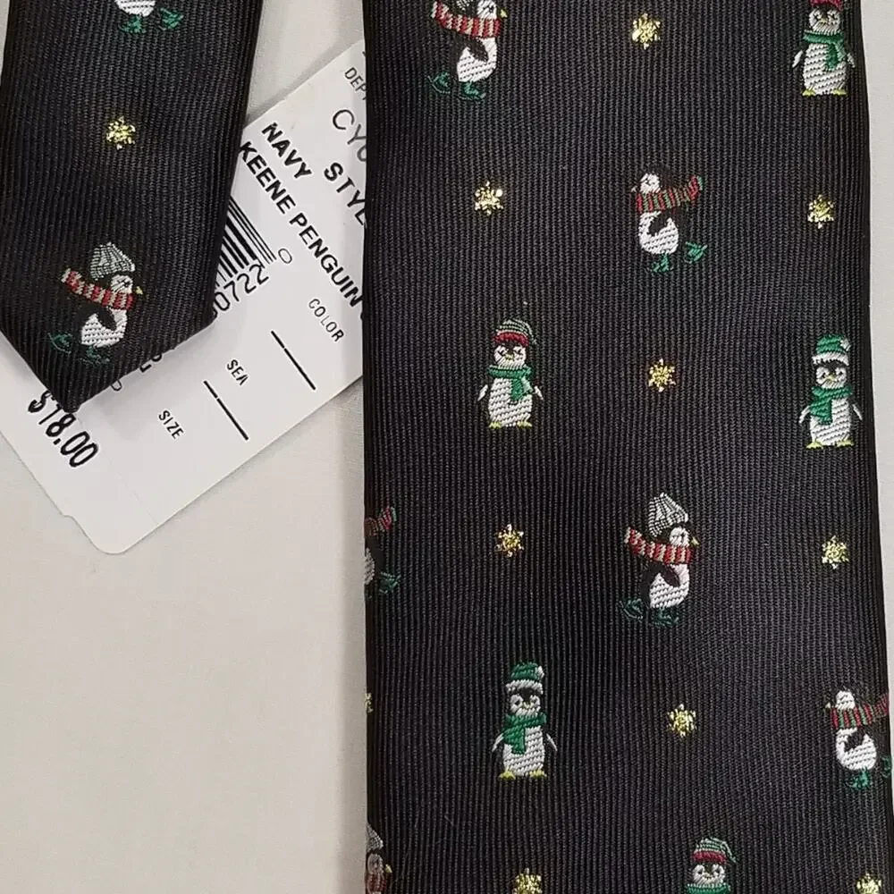 Chaps Kids Holiday/Christmas Navy Blue Tie W/Keene Penguin & Stars Easy-Clip New